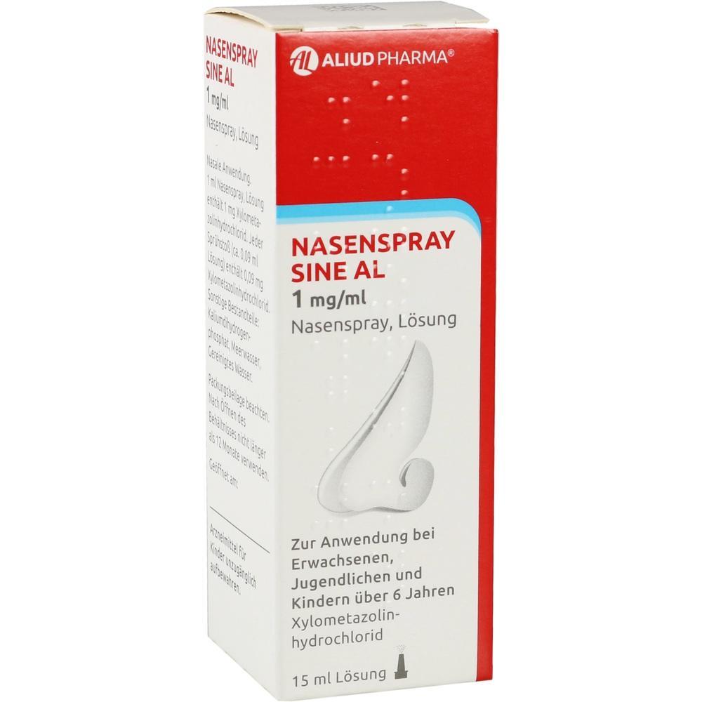 Eine braun-wei&szlig;e Nasenspray-Verpackung von Aliud Pharma liegt aufrecht.