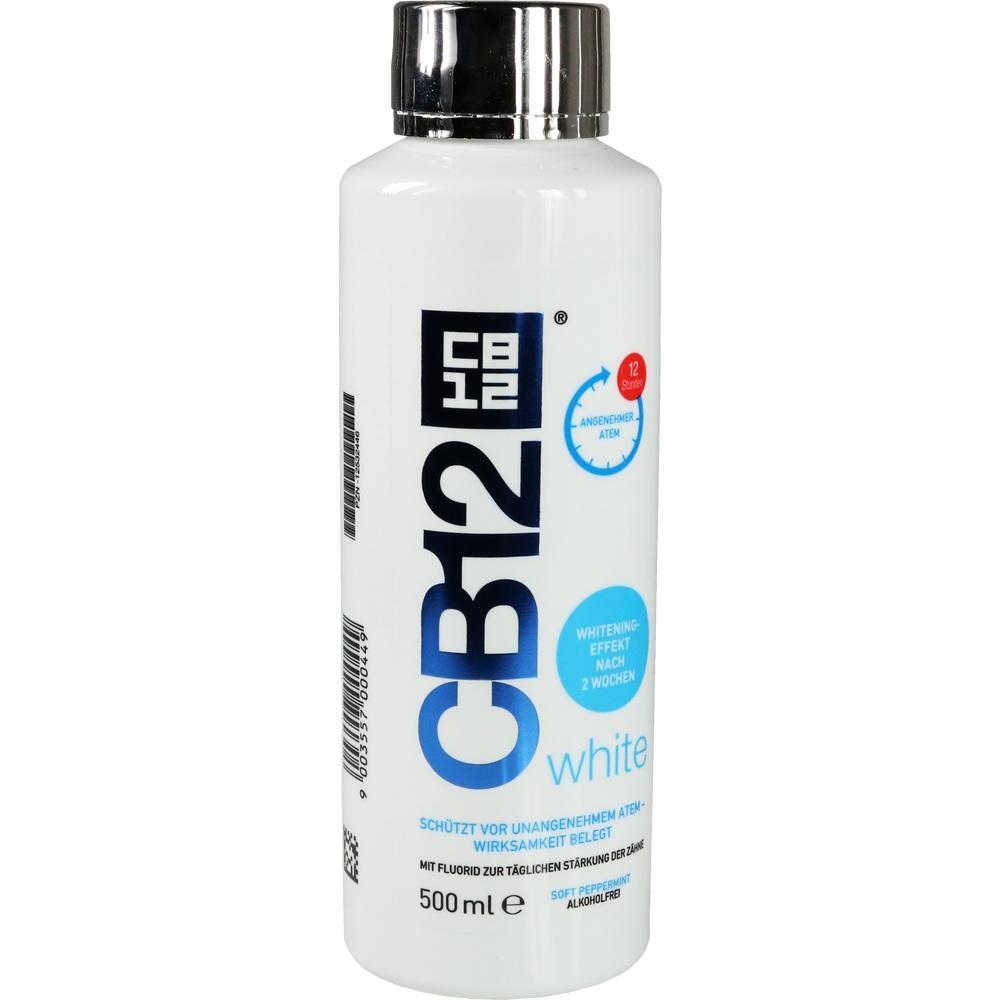Weiße CB12-Flasche mit Mundspülung für frischen Atem und Zahnaufhellung.