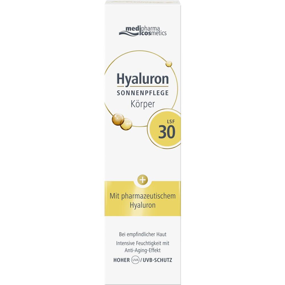 Weiße Verpackung mit der Aufschrift "Hyaluron Sonnenpflege LSF 30" für empfindliche Haut.