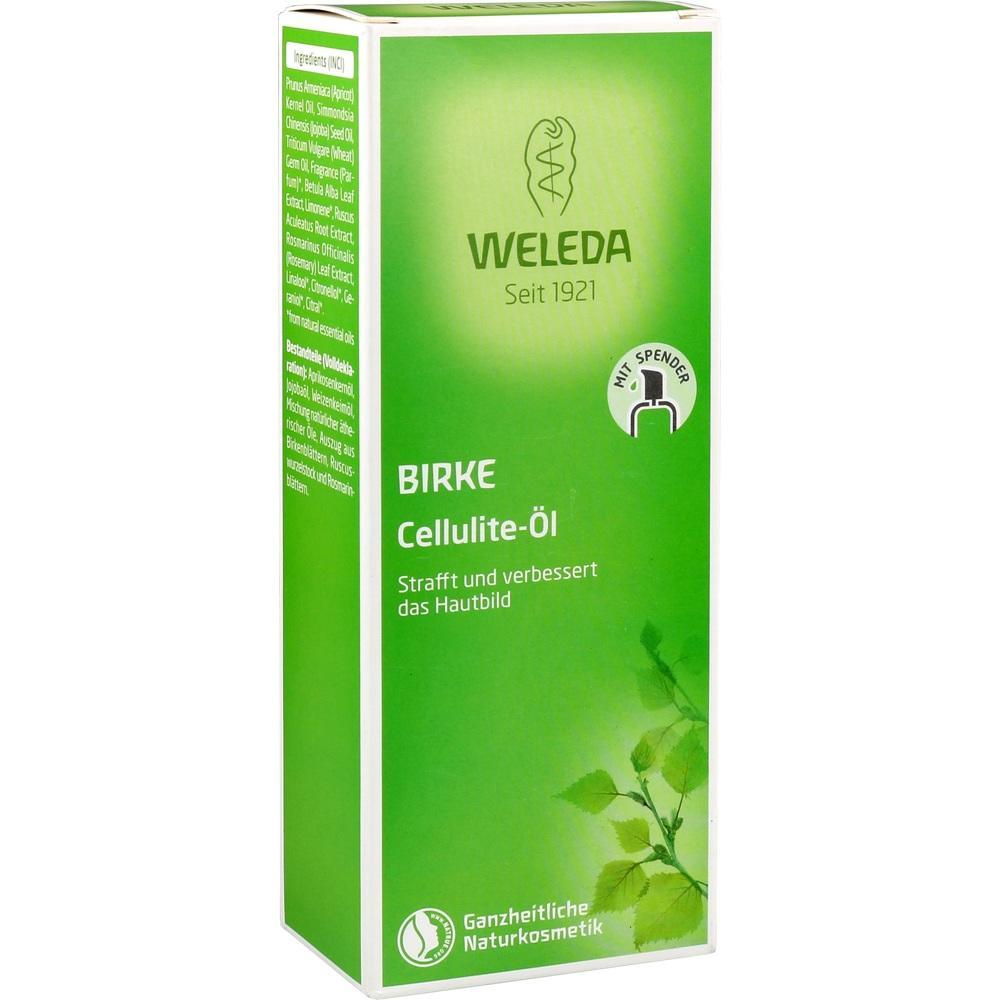 Grüne Verpackung von Birken-Cellulite-Öl der Marke Weleda.