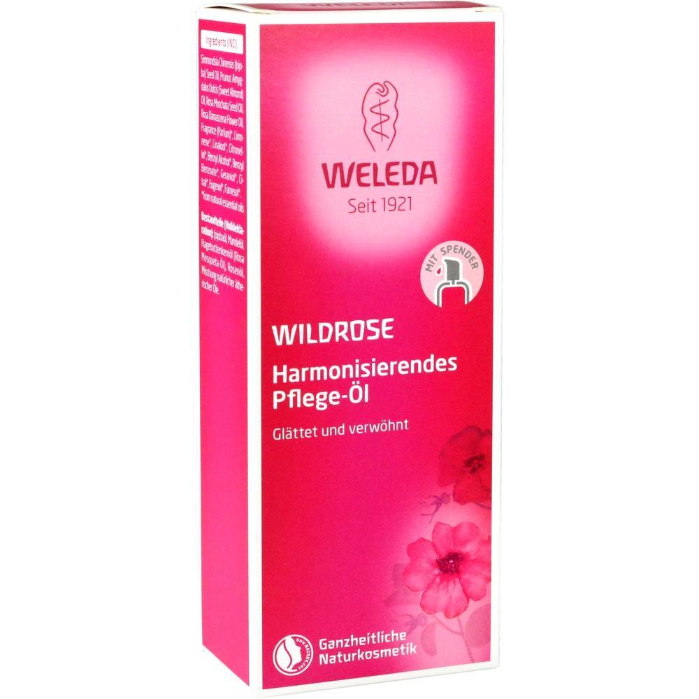Rosa Karton mit Wildrosen-Pflegeöl von Weleda, das harmonisiert und glättet.