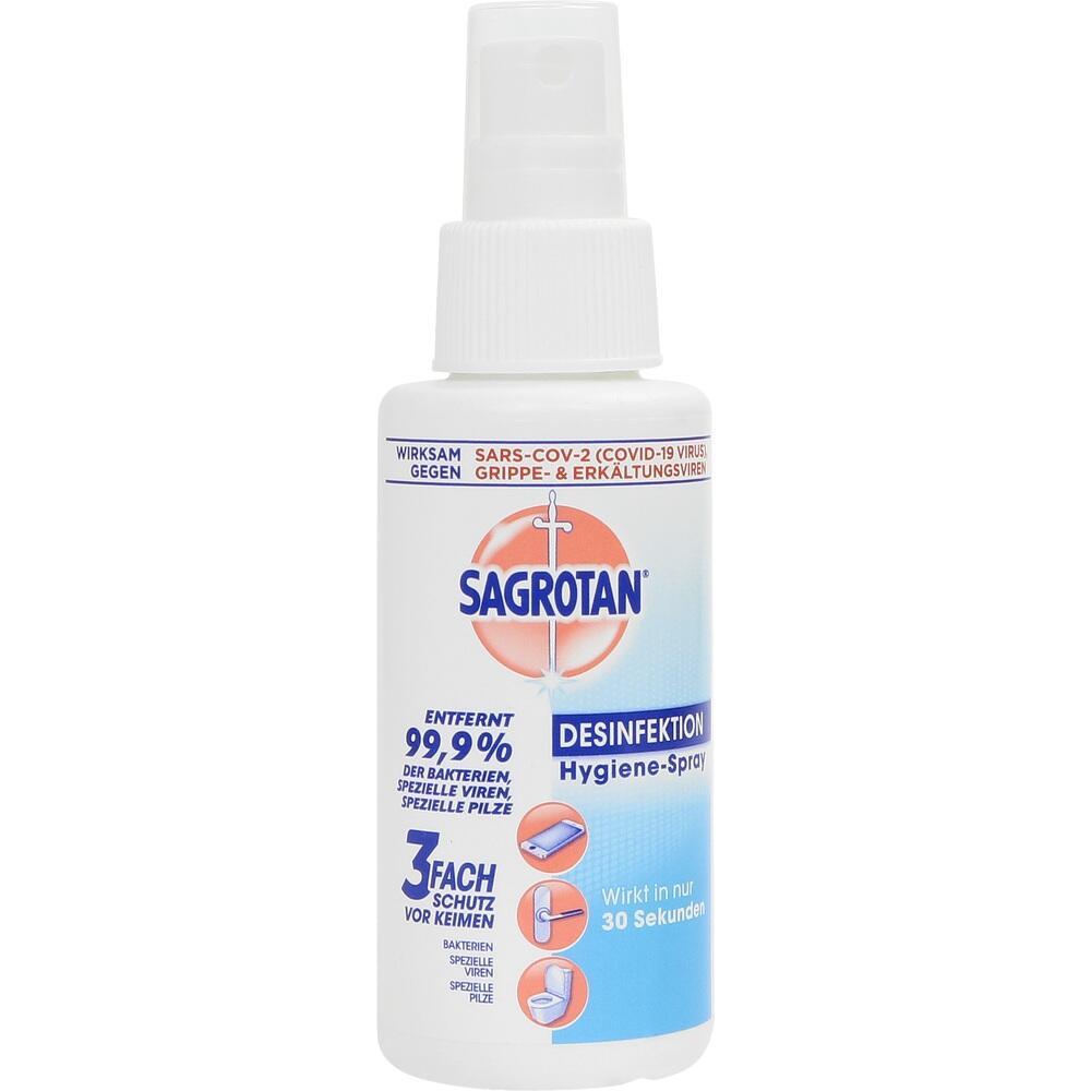 Flasche Sagrotan Desinfektionsspray mit 99,9% Keimschutz und schnellem Effekt.