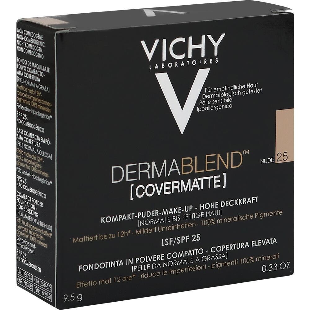 Schwarze Verpackung von Vichy Dermablend Covermatte Puder-Make-up, Farbton Nude 25.