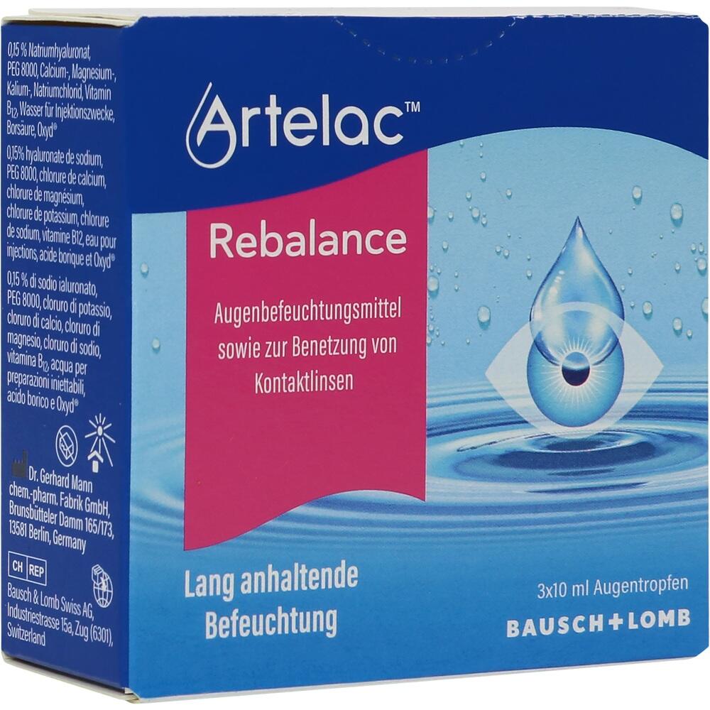 Verpackung von Artelac Rebalance Augentropfen für Kontaktlinsenbenetzung.