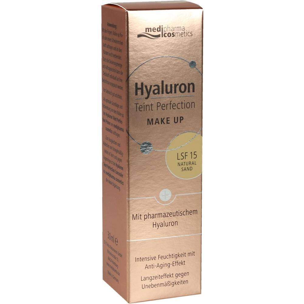 Goldene Verpackung eines Make-ups mit Hyaluron und Lichtschutzfaktor 15.