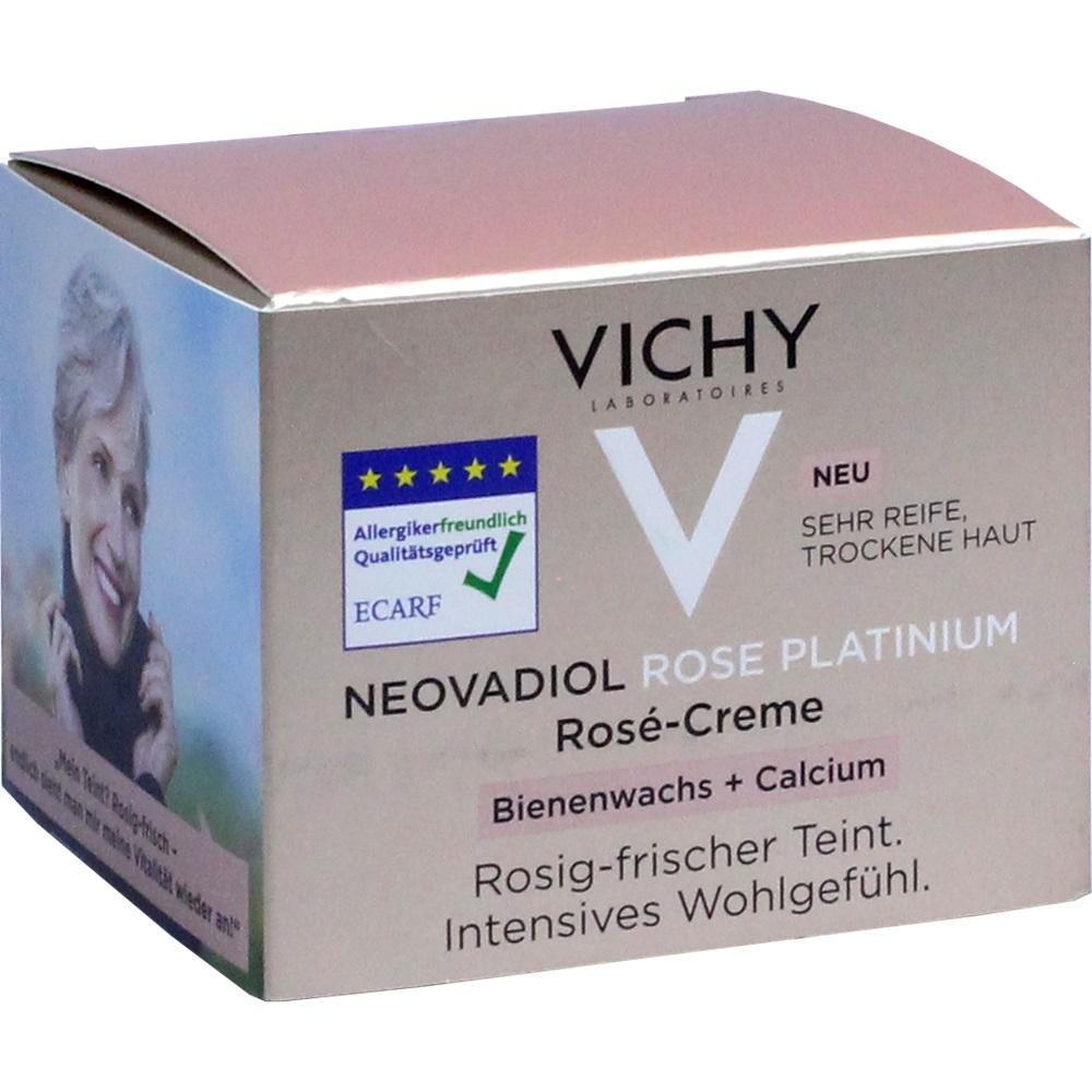 Eine rosafarbene Creme von Vichy für reife, trockene Haut in einer Schachtel.