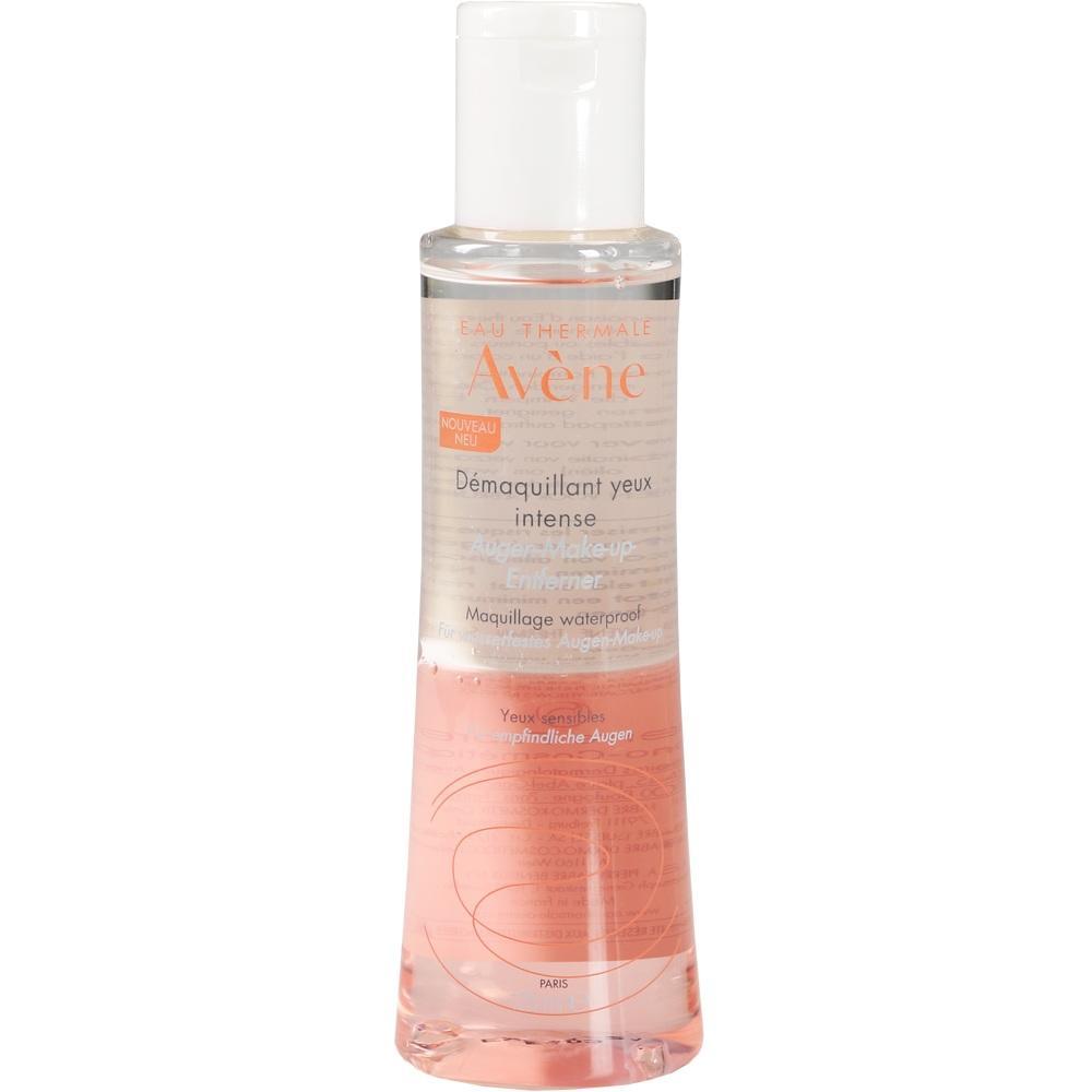 Eine Flasche Avène Augen-Make-up-Entferner mit rosa Flüssigkeit.