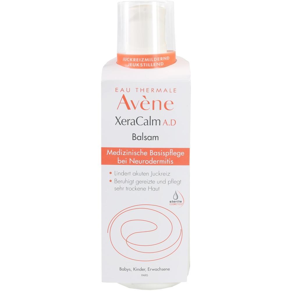 Eine Flasche Avène XeraCalm Balsam gegen Neurodermitis mit orangefarbenen Akzenten.