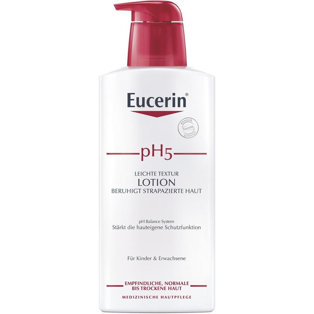 Eine wei&szlig;e Lotionflasche von Eucerin mit rotem Spender und der Aufschrift pH5.