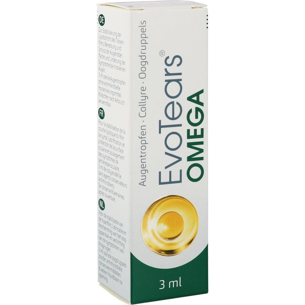 Eine weiße Schachtel mit der Aufschrift "EvoTears OMEGA Augentropfen".