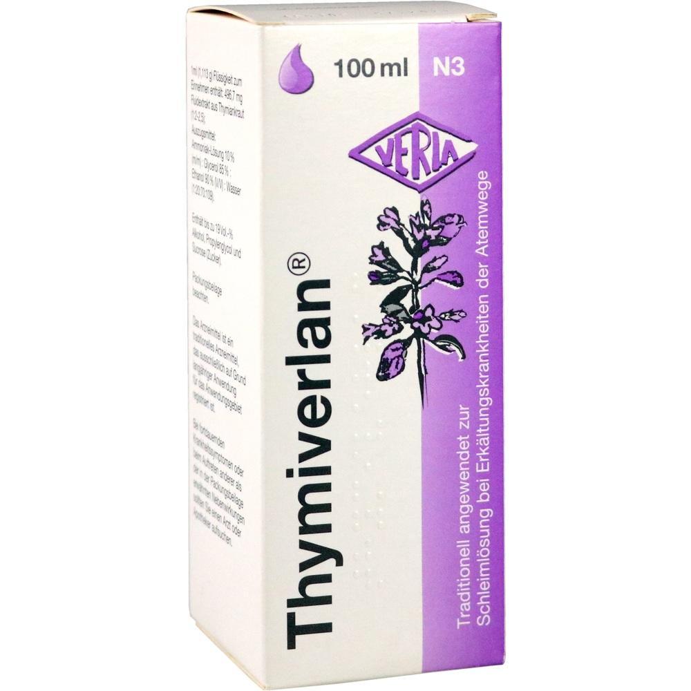 Verpackung von Thymiverlan Hustenmittel mit lila Blumenmotiv.
