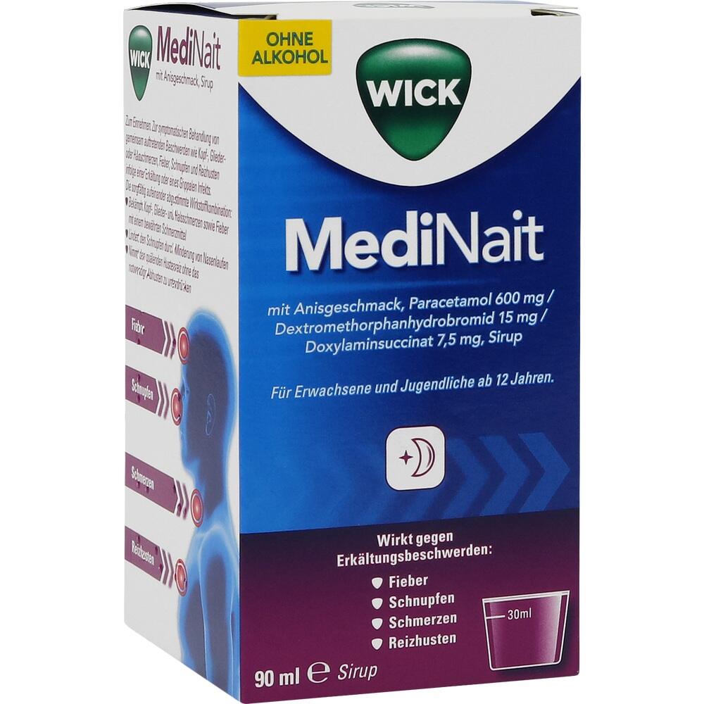 Verpackung von Wick MediNait Sirup gegen Erkältungsbeschwerden ohne Alkohol.