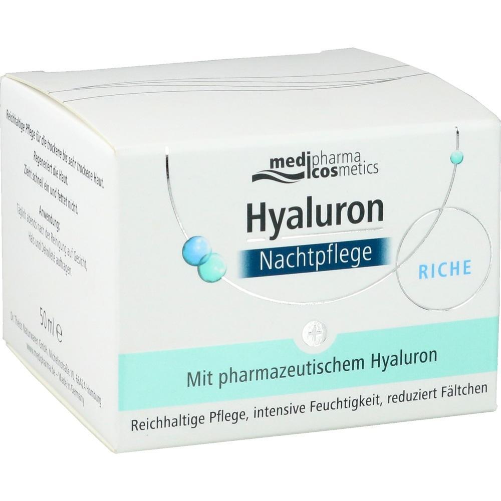 Verpackung einer Hyaluron-Nachtcreme für intensive Feuchtigkeit und Pflege.
