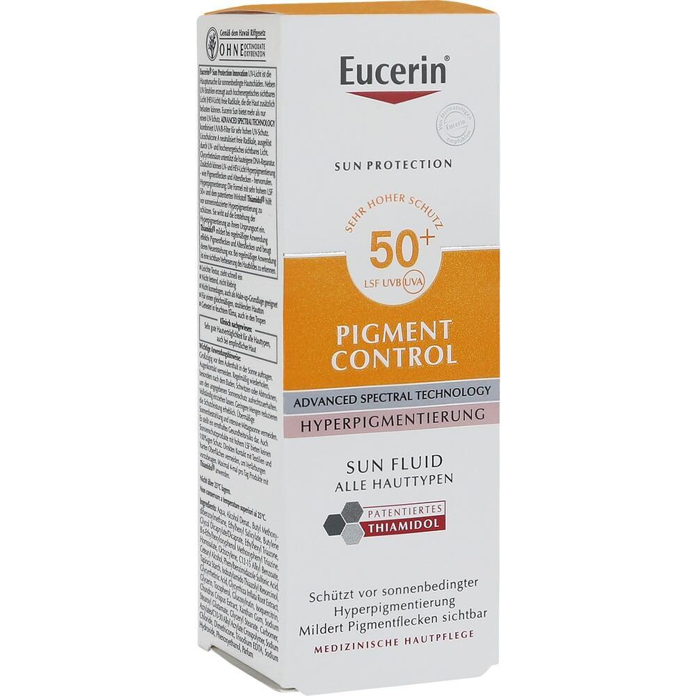 Sonnencreme mit LSF 50+ gegen Pigmentflecken in einer weiß-orangen Verpackung.