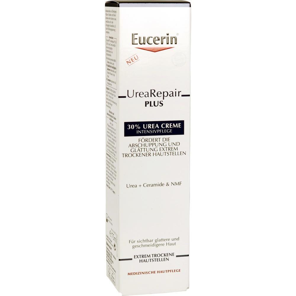 Weiße Verpackung einer Hautcreme mit dem Aufdruck "Eucerin UreaRepair PLUS".