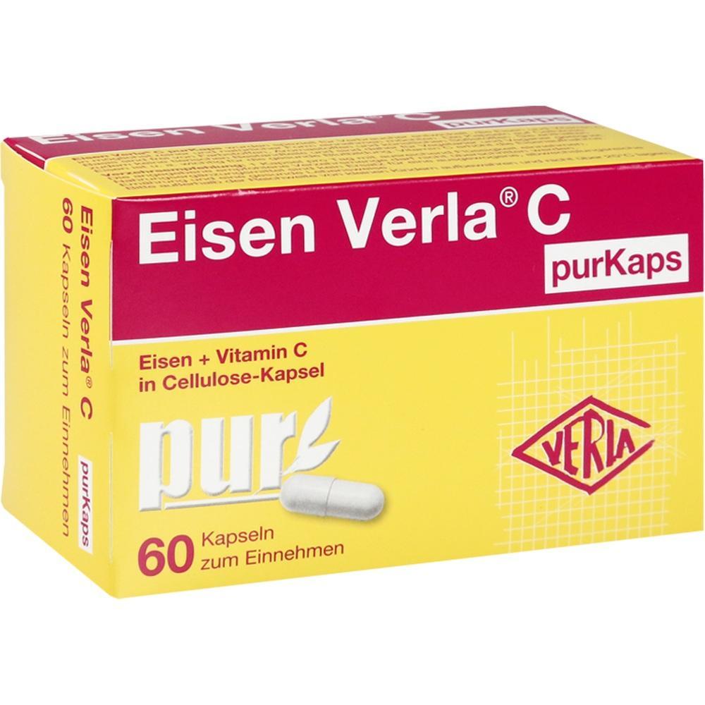 Gelbe Packung mit Eisen- und Vitamin-C-Kapseln, 60 Stück von Verla.