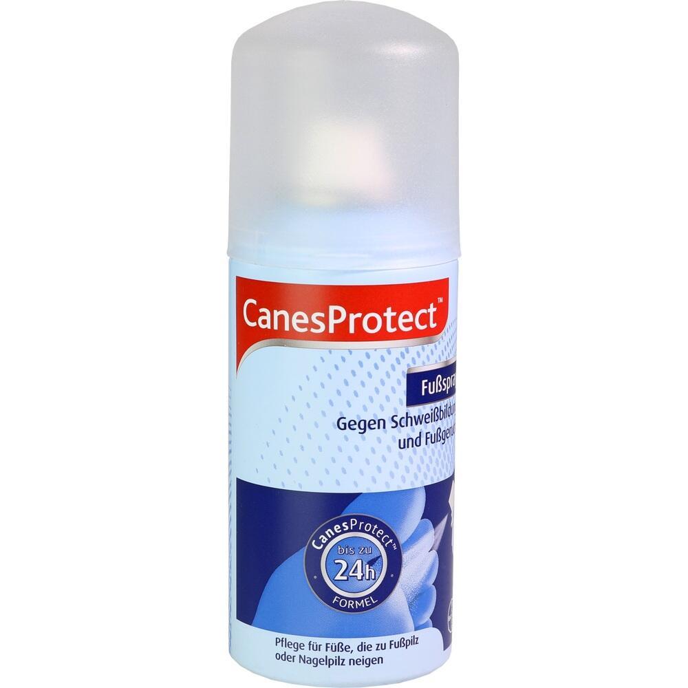 Fußspray in einer weißen Flasche mit rotem Etikett für Schutz und Pflege.