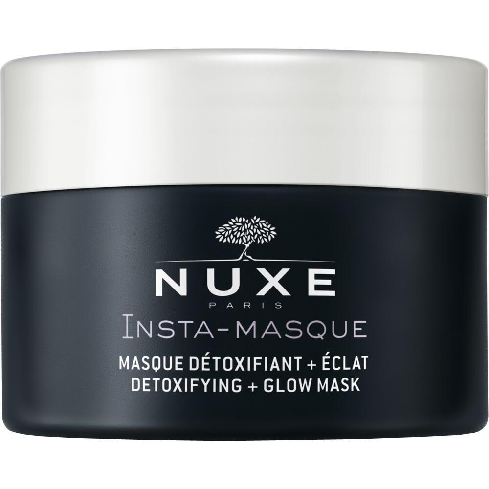 Schwarze Cremedose mit der Aufschrift "Nuxe Insta-Masque" und "Detoxifying + Glow Mask".