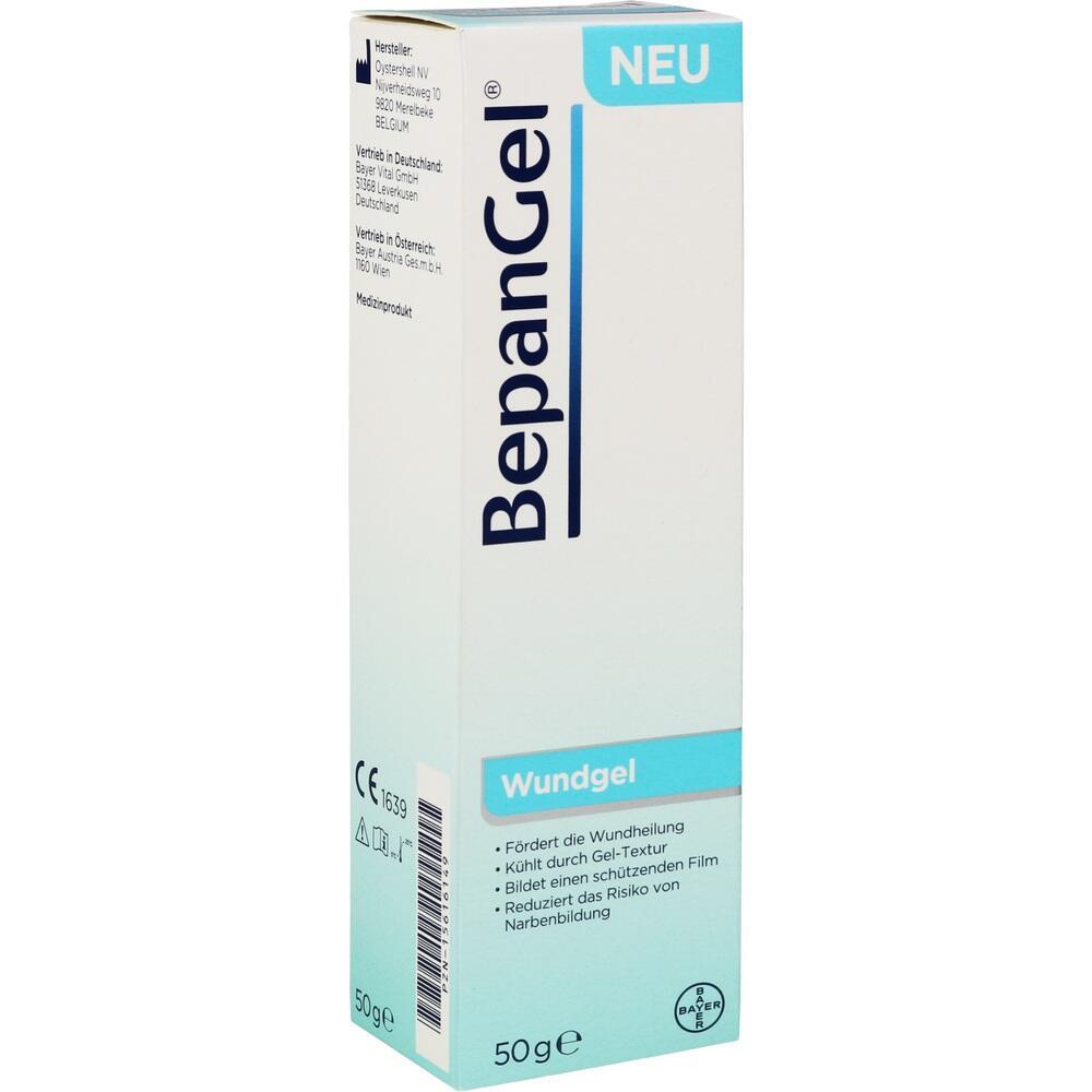Eine Packung BepanGel Wundgel steht aufrecht in der Abbildung.