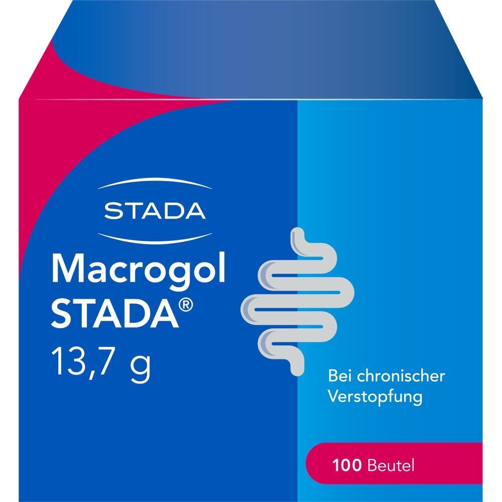 Blau-rote Packung eines Medikaments gegen Verstopfung, 100 Beutel, 13,7 g.