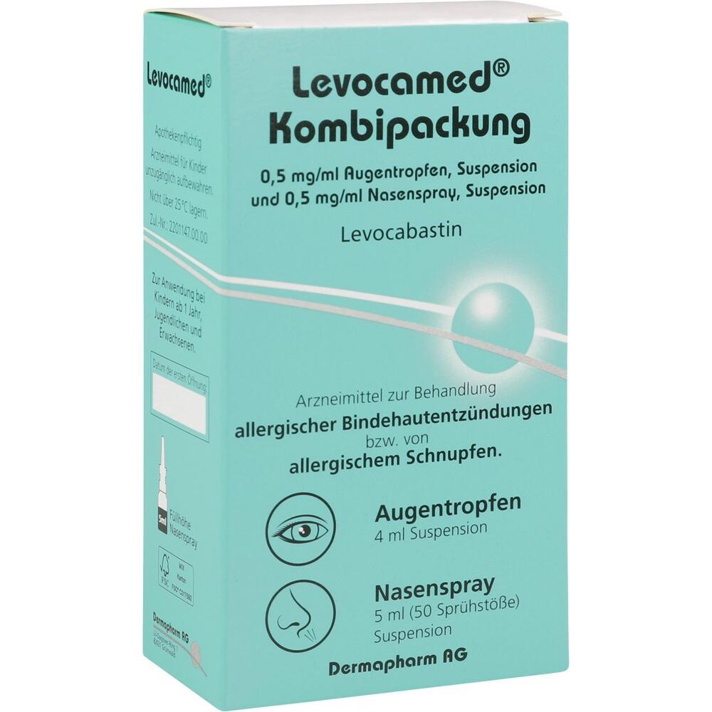 Grüne Packung eines Medikaments gegen Allergien mit Augentropfen und Nasenspray.