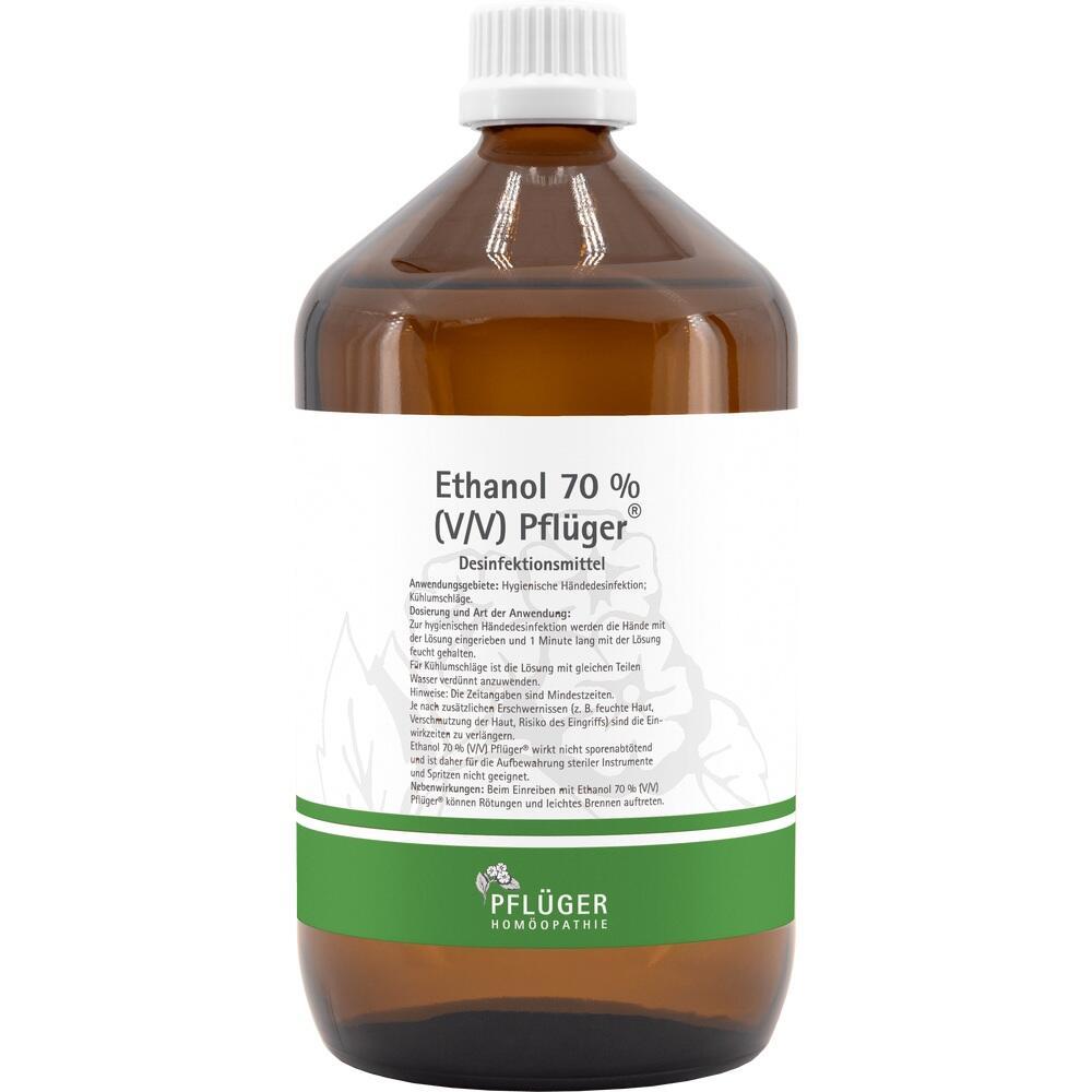 Braune Flasche mit Etikett für Ethanol 70 % als Desinfektionsmittel.