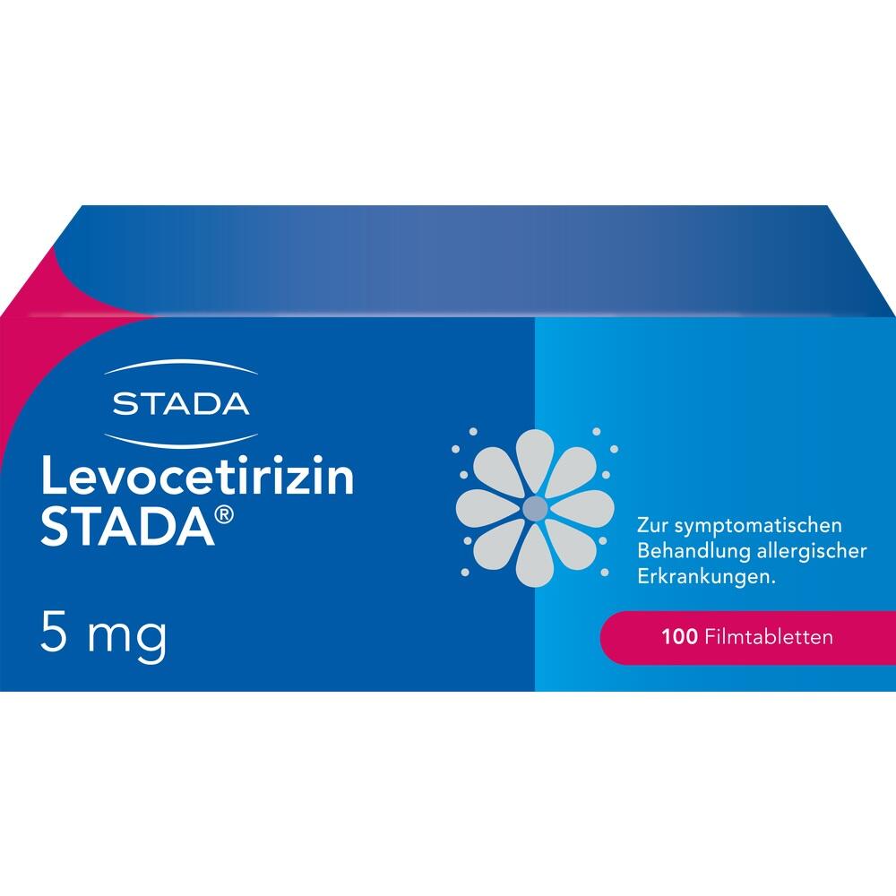 Blaue Medikamentenpackung mit dem Namen Levocetirizin STADA für Allergien.