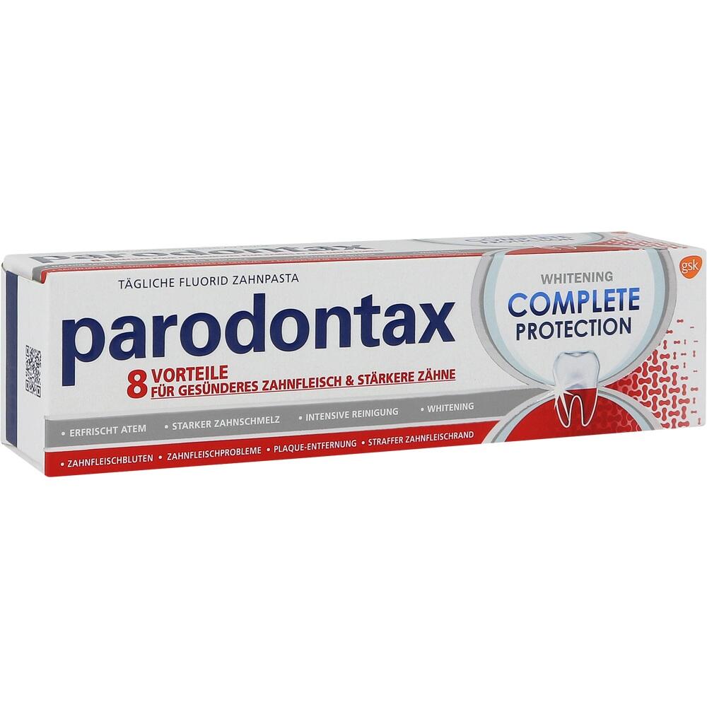 Eine Zahnpasta-Packung der Marke Parodontax mit acht Vorteilen für gesunde Zähne.