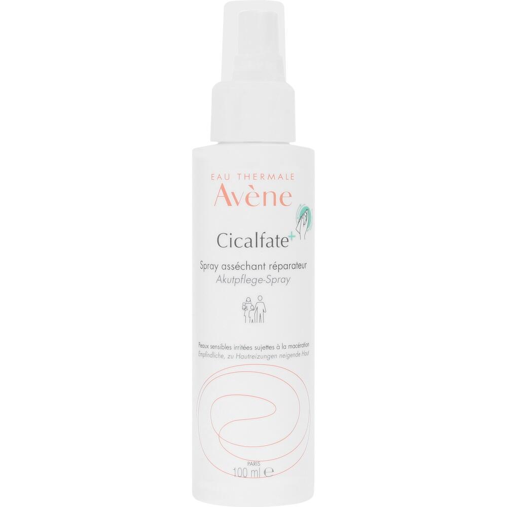 Wei&szlig;e Flasche mit Sprayaufsatz, Aufschrift "Av&egrave;ne Cicalfate+" und Angaben zur Hautpflege.