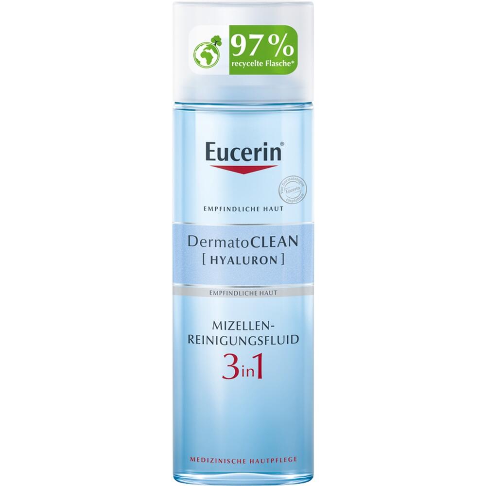 Eine Flasche Reinigungsfluid für empfindliche Haut von Eucerin mit 97% recyceltem Material.