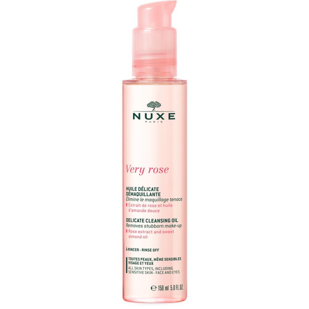 Eine rosa Flasche mit Reinigungsöl von NUXE, benannt "Very Rose".