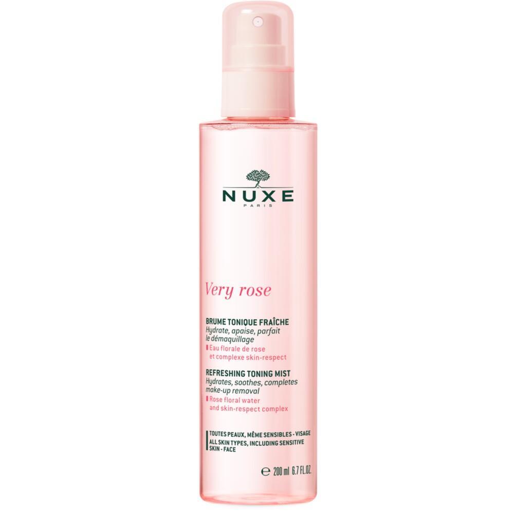 Rosa Flasche mit Sprayaufsatz, darauf steht "Very rose" und "Refreshing Toning Mist".