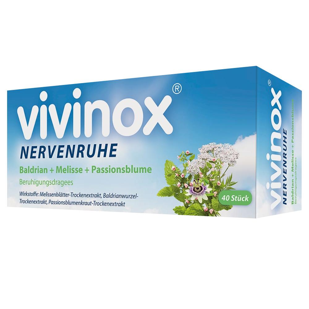 Eine Verpackung für Beruhigungsdragees der Marke Vivinox mit Pflanzenabbildungen.