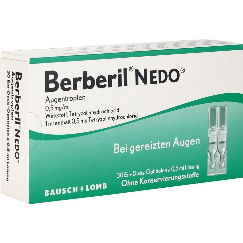 Berberil NEDO Augentropfen für gereizte Augen in einer weißen und grünen Verpackung.