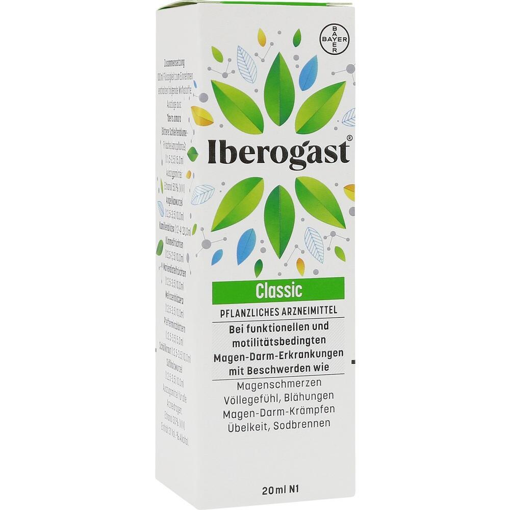 Eine Packung Iberogast Classic, ein pflanzliches Magen-Darm-Mittel, ist abgebildet.