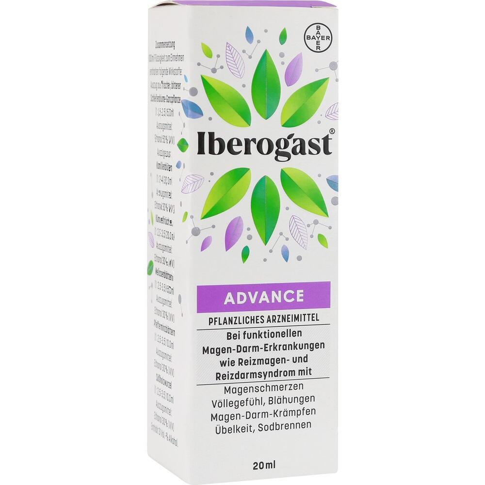 Weiße Verpackung mit grünem Blattmuster und lila Streifen, darauf steht "Iberogast Advance".