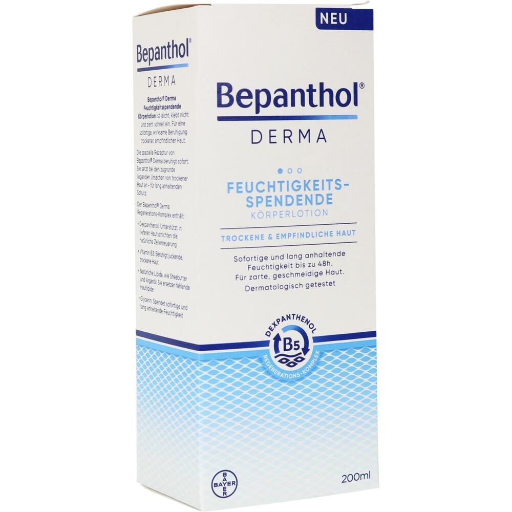 Eine Box mit blauer Bepanthen-Feuchtigkeitslotion für empfindliche und trockene Haut.
