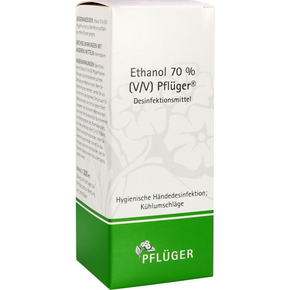 Flasche mit Ethanol 70 % zur Desinfektion und Kühlung, Marke Pflüger.