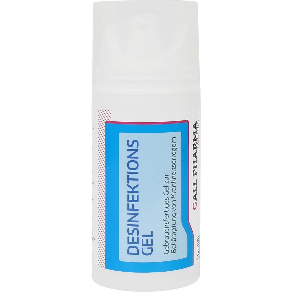 Eine Flasche Desinfektionsgel mit blauem Etikett steht aufrecht.