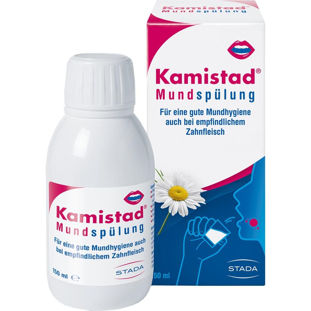 Eine Flasche Kamistad Mundsp&uuml;lung steht vor ihrer Verpackung.