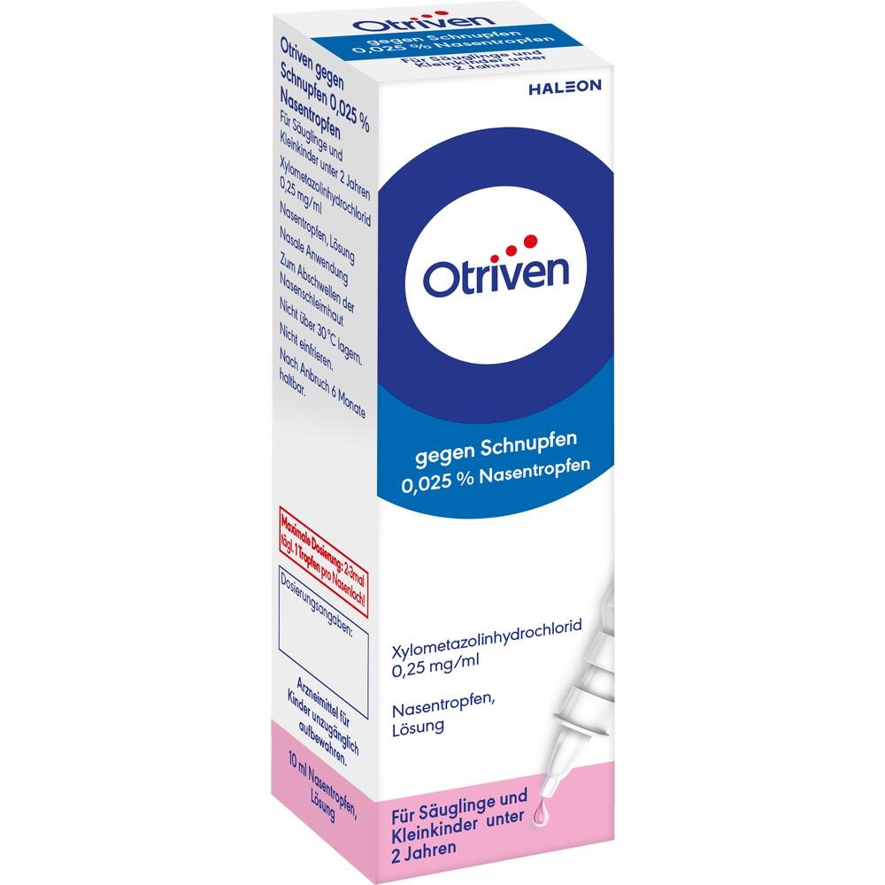 Verpackung von Otriven-Nasentropfen für Babys und Kleinkinder gegen Schnupfen.