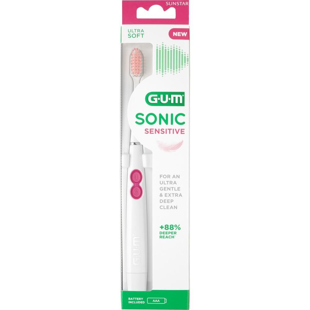 Elektrische Zahnbürste in weißer Verpackung mit rosa Details.