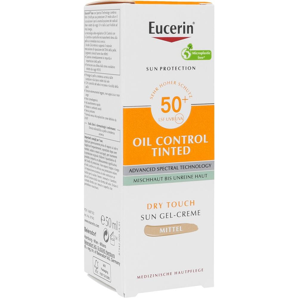 Sonnencreme-Verpackung von Eucerin mit Lichtschutzfaktor 50+ für Mischhaut.