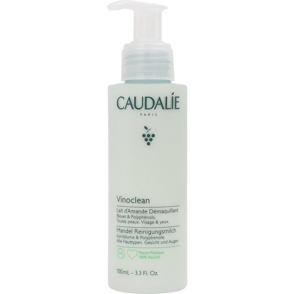 Weiße Flasche mit Spender für Reinigungsmilch der Marke Caudalie.