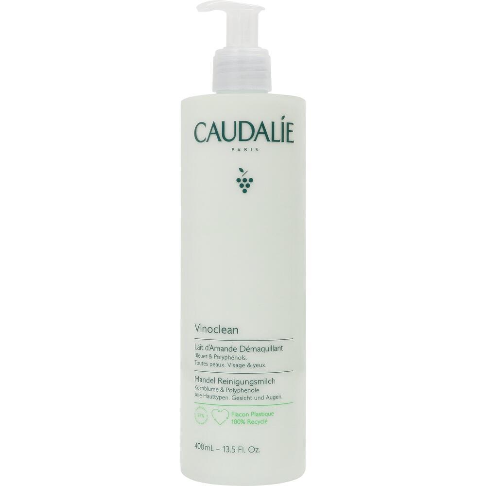 Weiße Flasche mit grünem Text, es ist eine Reinigungsmilch von Caudalie.