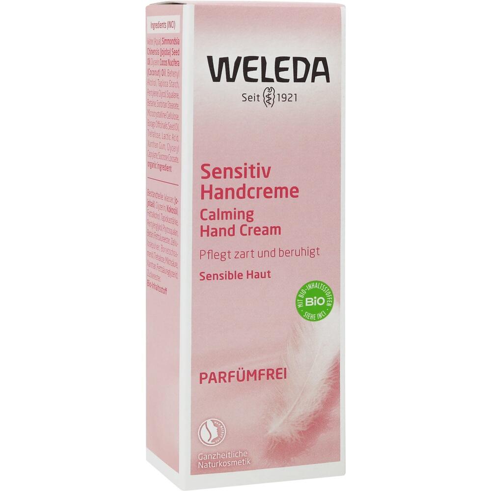 Eine rosa Verpackung von Weleda Sensitiv Handcreme für sensible Haut.