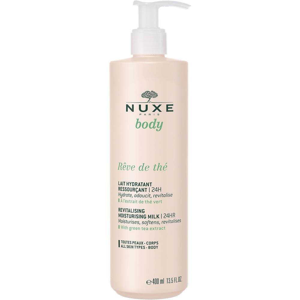 Beige Flasche Feuchtigkeitsmilch mit gr&uuml;nem Tee-Extrakt und Pumpspender.