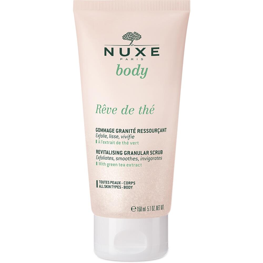 Beige Tube mit K&ouml;rperpeeling von Nuxe, geeignet f&uuml;r alle Hauttypen.