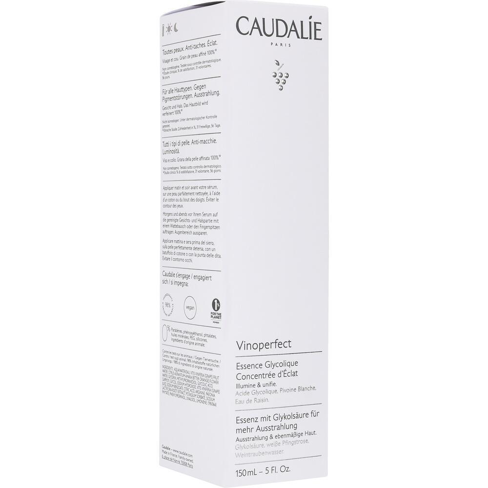 Weiße Verpackung einer Hautpflege-Essenz von Caudalie namens "Vinoperfect".