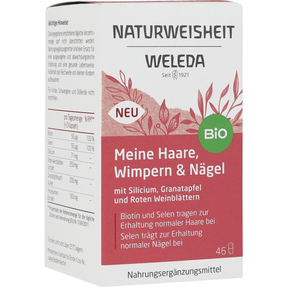 Weiße Verpackung eines Nahrungsergänzungsmittels für Haare, Wimpern und Nägel von Weleda.